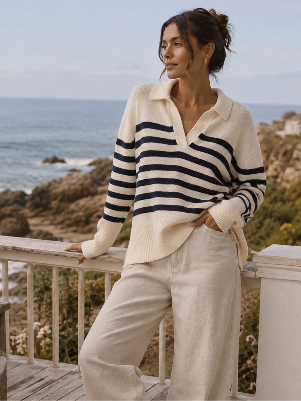GAP Striped 24/7 Split Hem Polo Sweater Navy Blue & Cream Cotton Size XXL Tall